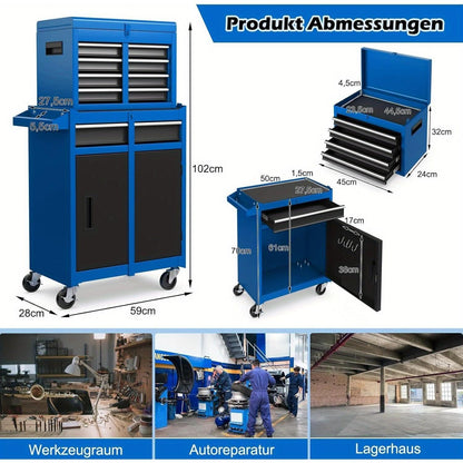 Industriële Werkplaatswagen – Gereedschapswagen – Tool Cabinet – Mobiele Werkbank – Garage Organizer – 5 Laden + Open Plank – Vergrendelbare Wielen – Verstelbare Vakverdeling – Blauw – Stevige Metalen Constructie – Grote Capaciteit (59x28x102 cm)