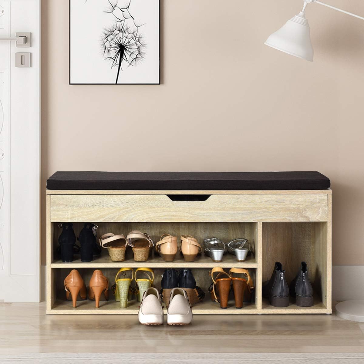 Schoenenbank – Schoenopberger – Halbank – Schoenenrek – Garderobekast – Met Zitkussen – 104 x 30 x 48 cm – Bruin Houten Meubel