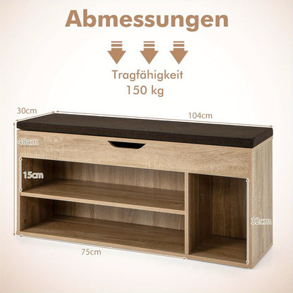 Schoenenbank – Schoenopberger – Halbank – Schoenenrek – Garderobekast – Met Zitkussen – 104 x 30 x 48 cm – Bruin Houten Meubel