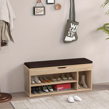 Schoenenbank – Schoenopberger – Halbank – Schoenenrek – Garderobekast – Met Zitkussen – 104 x 30 x 48 cm – Bruin Houten Meubel