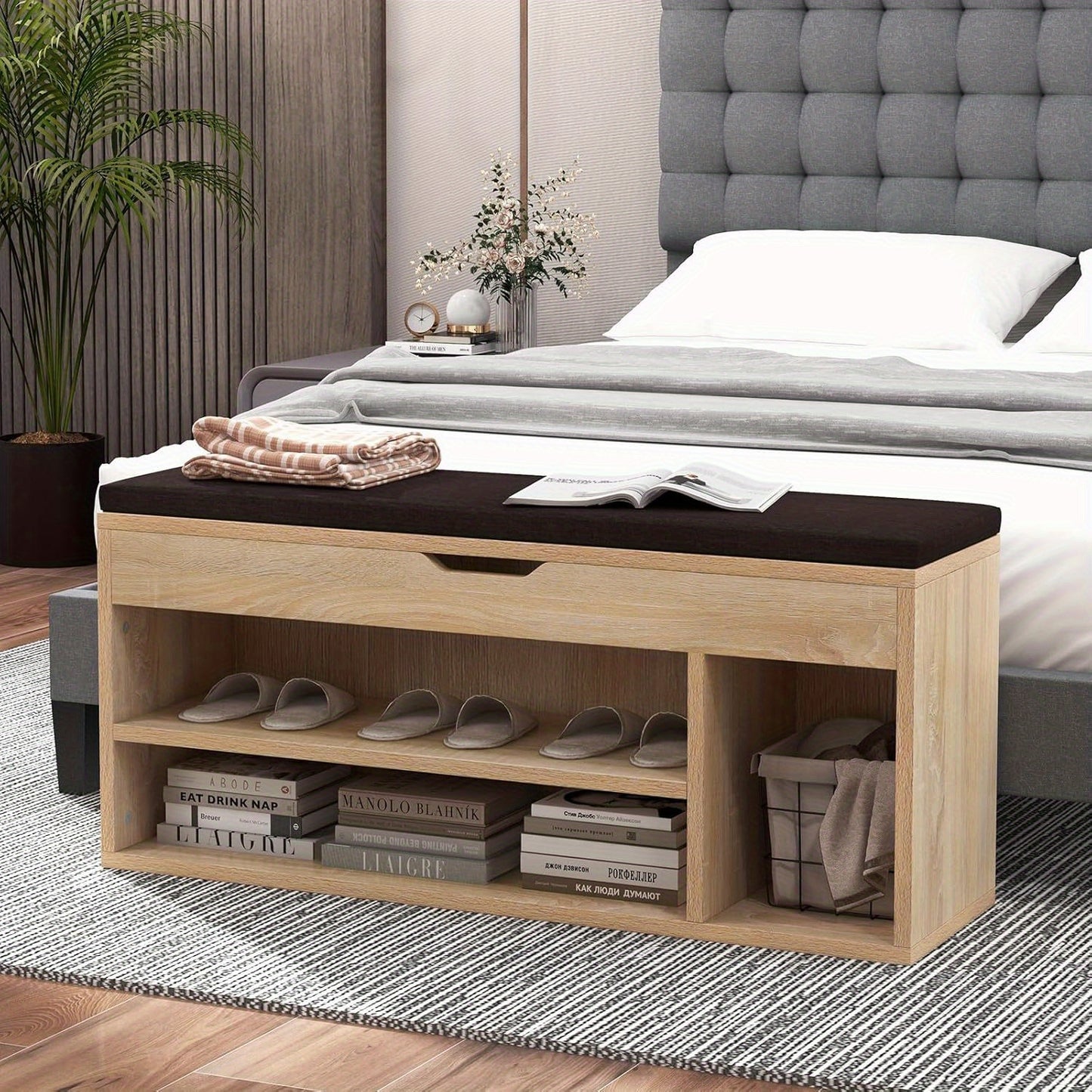 Schoenenbank – Schoenopberger – Halbank – Schoenenrek – Garderobekast – Met Zitkussen – 104 x 30 x 48 cm – Bruin Houten Meubel