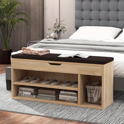 Schoenenbank – Schoenopberger – Halbank – Schoenenrek – Garderobekast – Met Zitkussen – 104 x 30 x 48 cm – Bruin Houten Meubel