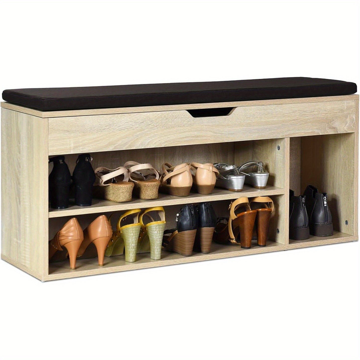 Schoenenbank – Schoenopberger – Halbank – Schoenenrek – Garderobekast – Met Zitkussen – 104 x 30 x 48 cm – Bruin Houten Meubel