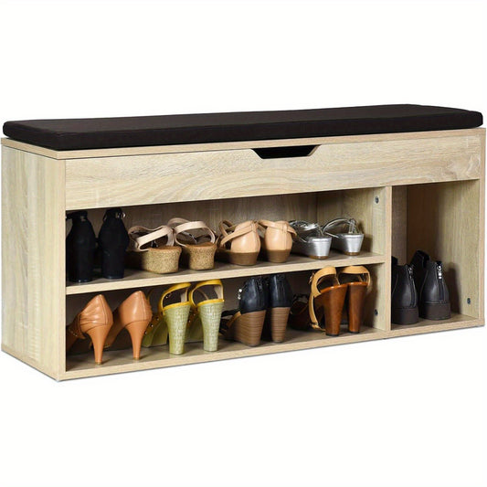 Schoenenbank – Schoenopberger – Halbank – Schoenenrek – Garderobekast – Met Zitkussen – 104 x 30 x 48 cm – Bruin Houten Meubel