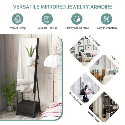 Sieradenkast – Juwelenkabinet – Jewelry Armoire – Sieradenopberger – Sieradenhouder – Zwart – Vloermodel Met Slot – Met Volledige Spiegel