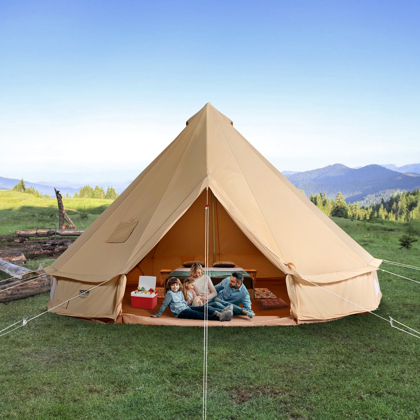 Canvas Belltent – Tipitent – Familietent – Kampeertent – Yurt Tent – 3 Meter Diameter – Ademend TC Canvas – Inclusief Kachelopening voor 4 Personen