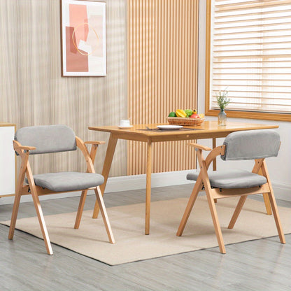 Vouwstoel – Inklapbare Eetkamerstoel – Klapstoel – Kampeerstoel – Tuinstoel – Set van 2 – Licht Houten Frame – Beklede Grijze Zitting
