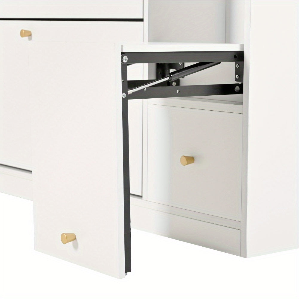 Modern White Multifunctional Tilting Shoe Cabinet with 3-Tier Folding Drawers & Bench - Freestanding Entryway Storage with Space-Saving Design, Space-Saving Shoe Rack, Durable Non-Wood Construction for Hallway, Foyer, Small S