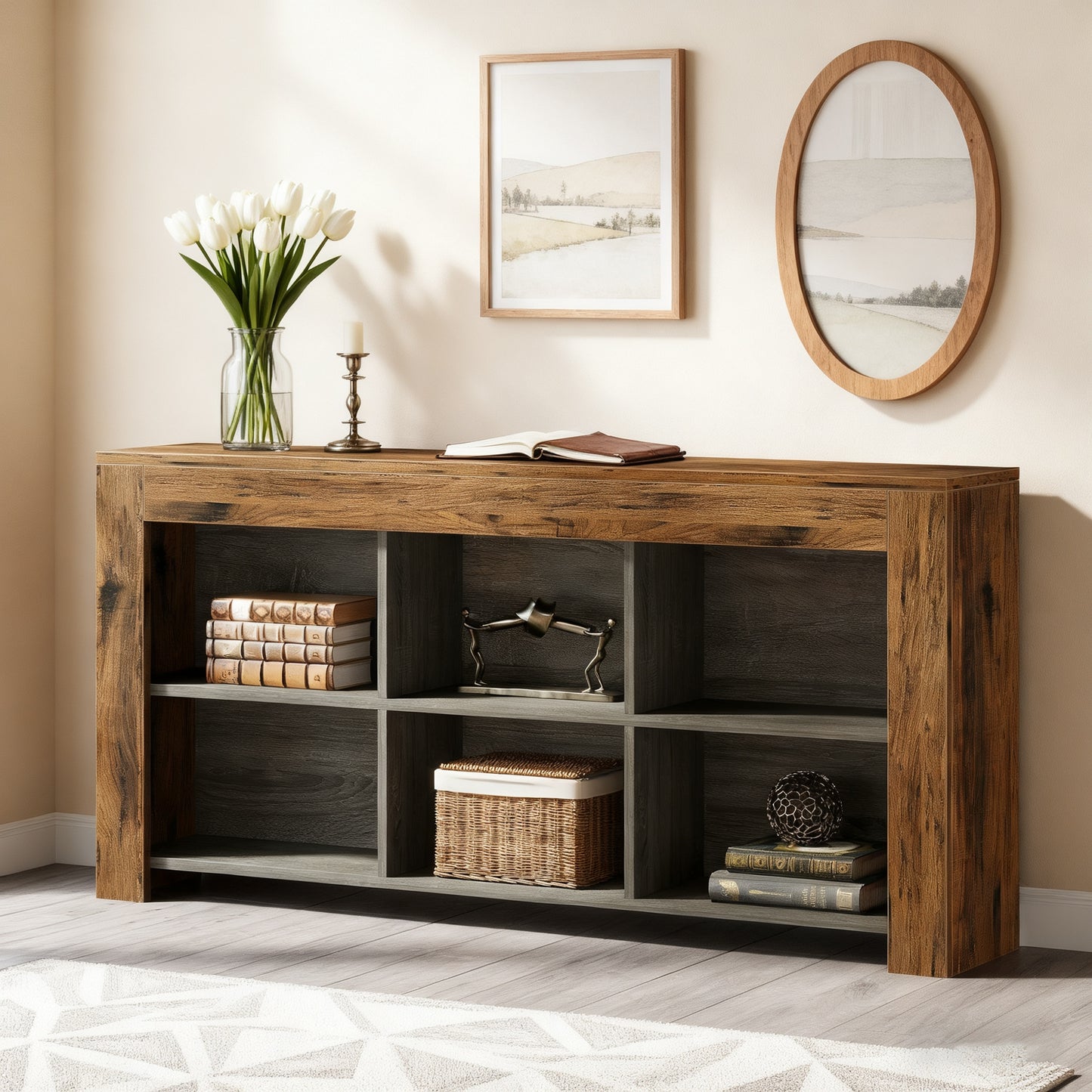 Console tafel – sidetable – haltafel – dressoir – opbergkast – Bruin en zwart – 160 cm lang – 6 open opbergvakken – massief hardhout en geperst hout – smal ontwerp
