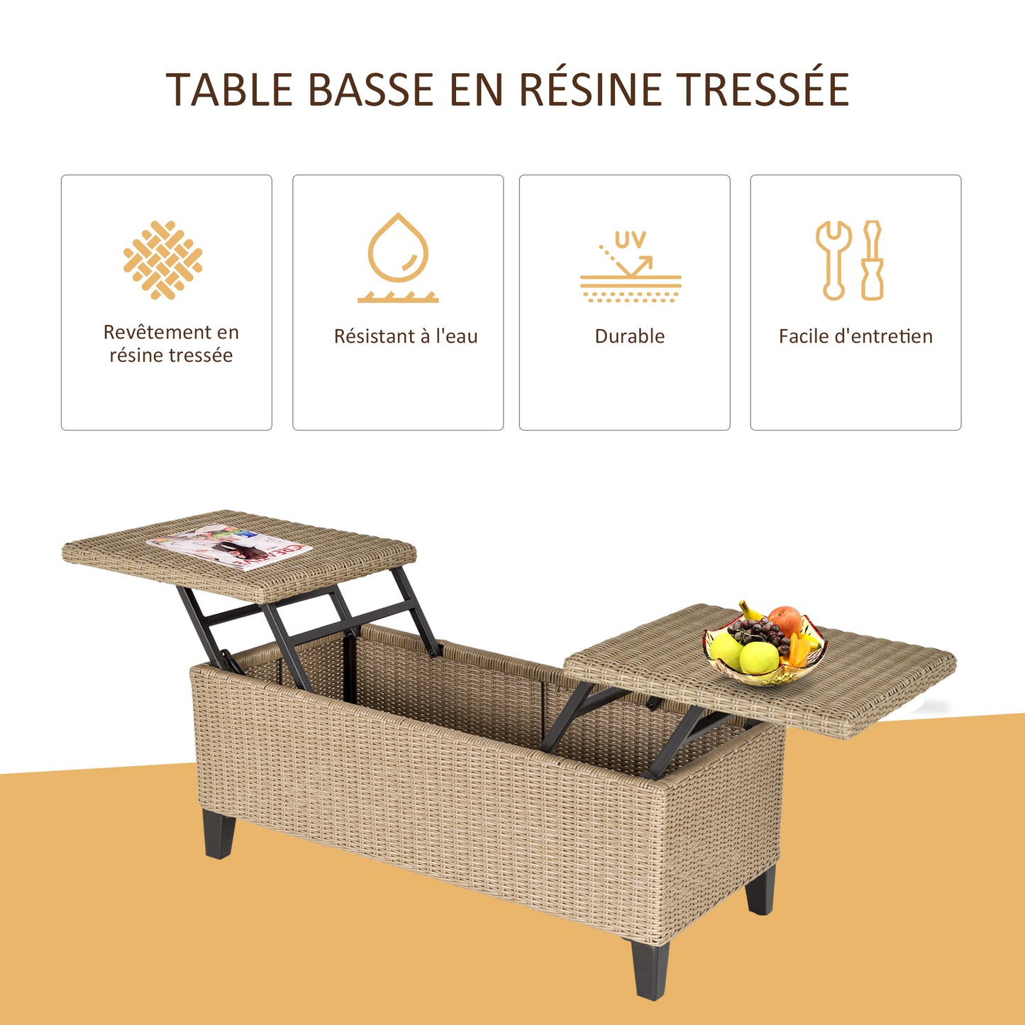 Salontafel – Koffietafel – Tafel – Bijzettafel – Lounge Tafel – Dubbel Lift-Top Systeem – Weerbestendig Resin & Metaal