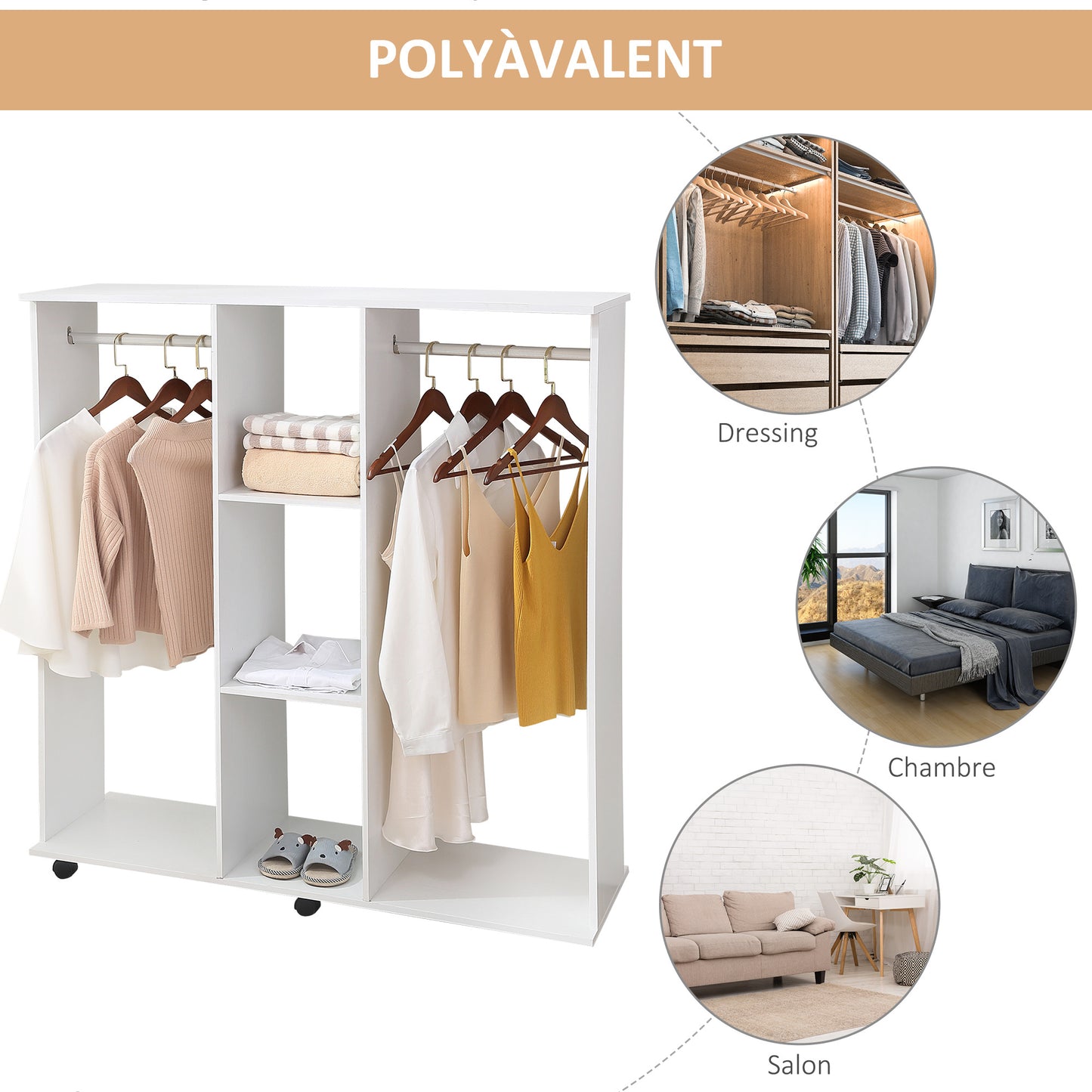 Kledingkast – Garderobekast – Opbergkast – Kledingmeubel – Witte Kledingkast – Mobiel Met 6 Wieltjes – Stevig Spaanplaat 120x40x128 cm