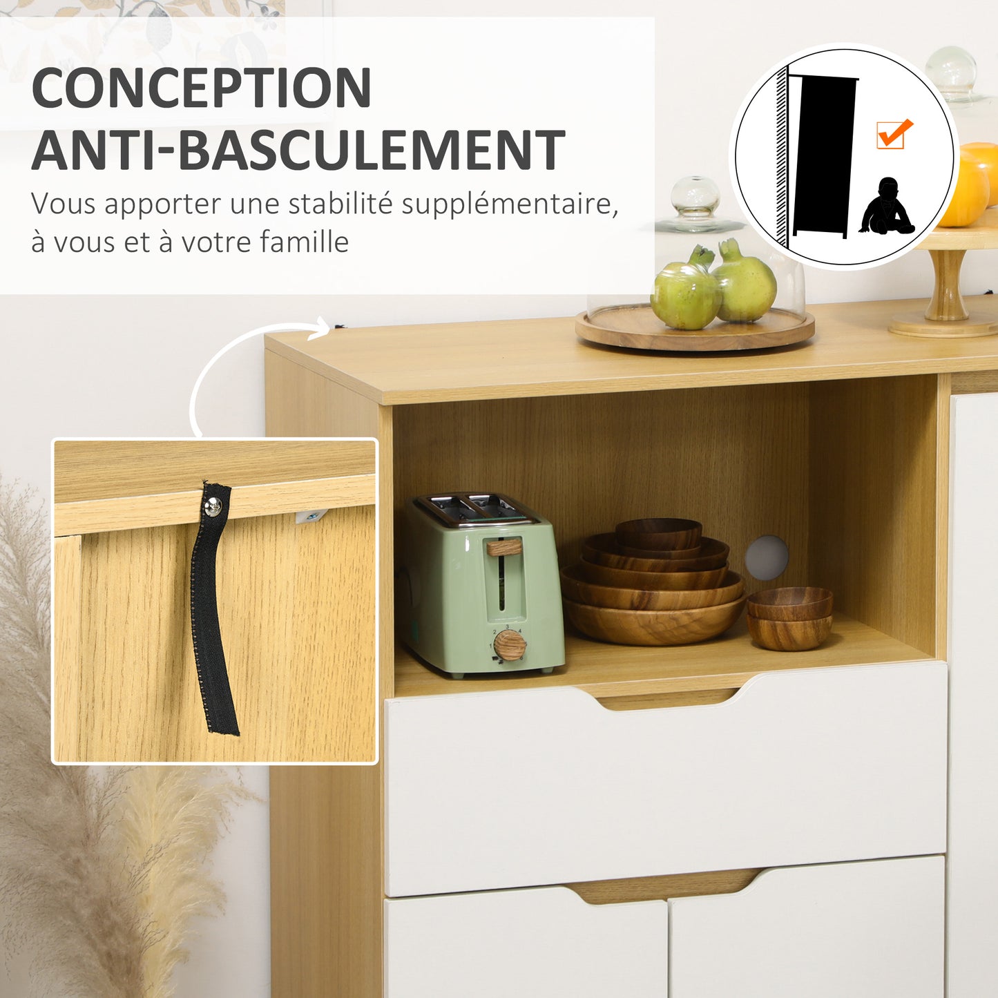 Keukenkastje – Keukenbuffet – Opbergkast – Kast met Lade – Keukenkast met Verstelbare Planken – 90x40x98,5 cm – Wit Met Houtlook – Duurzaam Melamine – Anti-Kantelbeveiliging