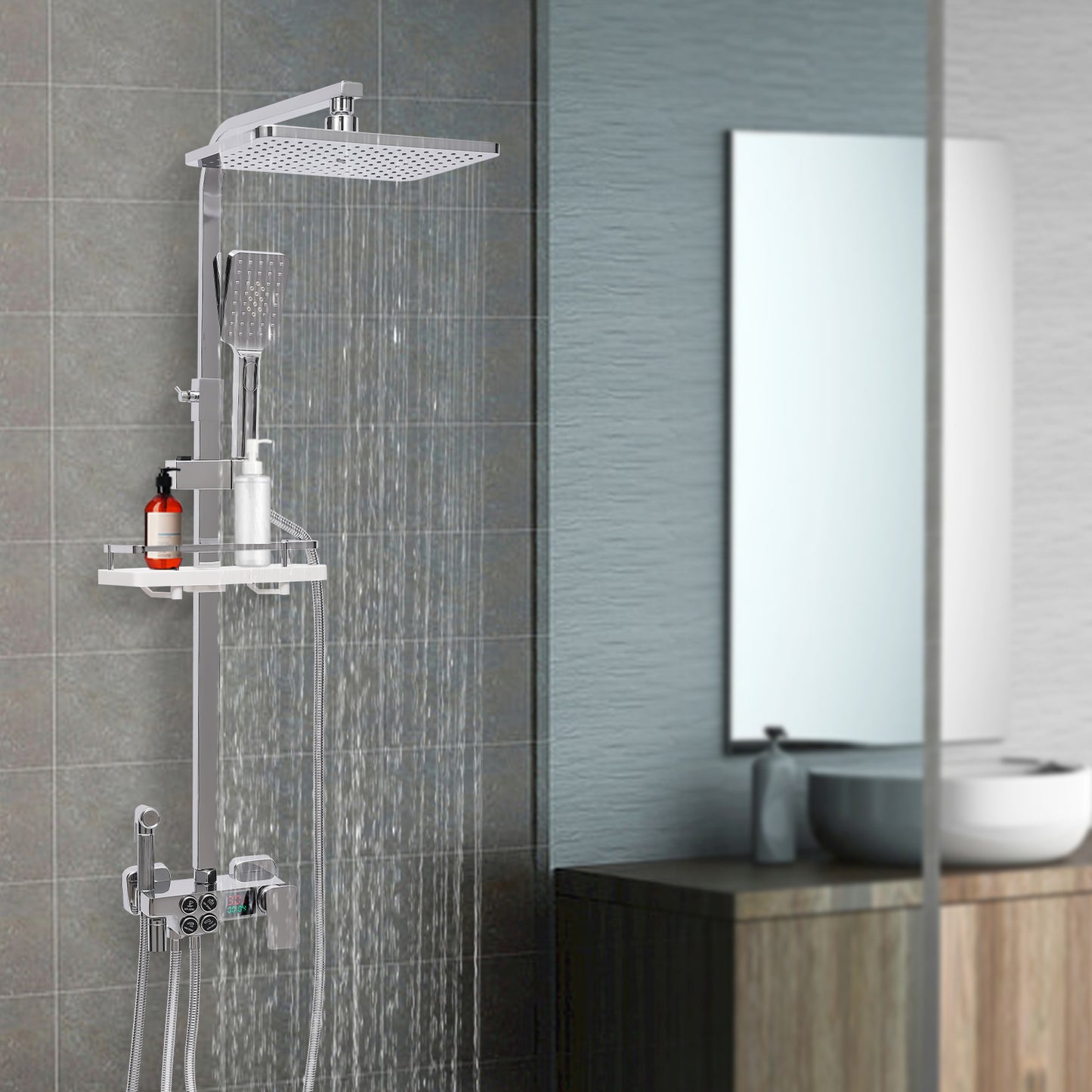 TOOL1SHOOO Modern Stainless Steel Shower System, 4 Water Outlets, Rainfall Showerhead, Handheld Sprayer, Height-Adjustable Shelf, Suitable for Bathrooms, Spas, Hotels