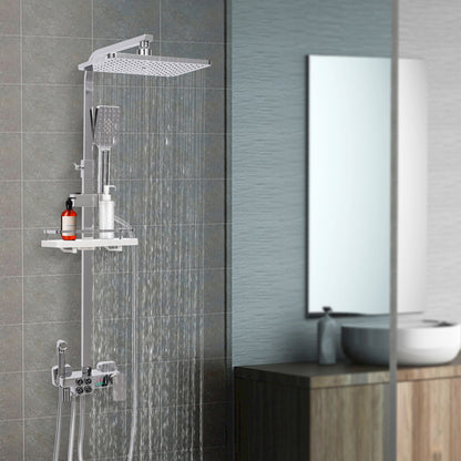 TOOL1SHOOO Modern Stainless Steel Shower System, 4 Water Outlets, Rainfall Showerhead, Handheld Sprayer, Height-Adjustable Shelf, Suitable for Bathrooms, Spas, Hotels