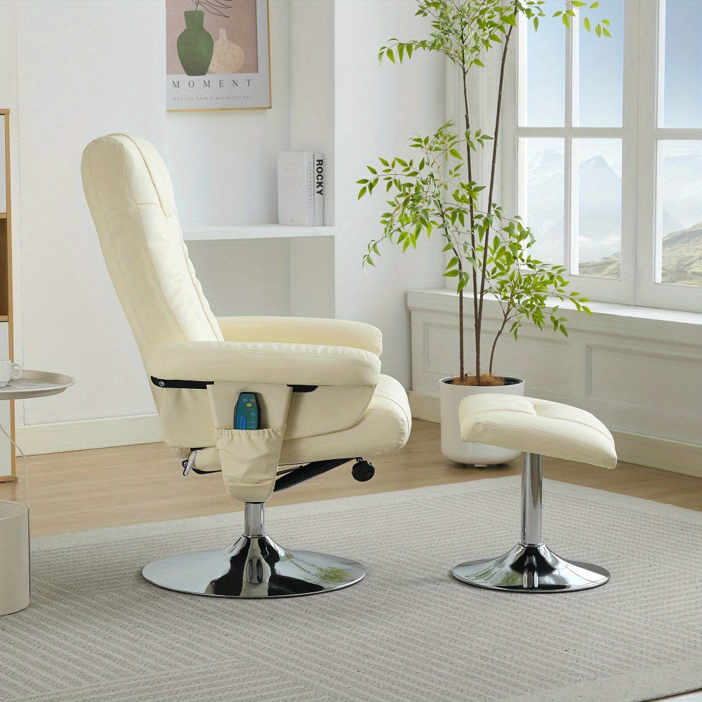 Modern Recliner Chair with 5-Point Massage, 360° Swivel & Footstool - Ergonomic Design, Beige PU Fabric, Adjustable Height, No Power Needed, Easy Assembly for Living Room, Office, or Home Theater, Office Relaxation, Contempo