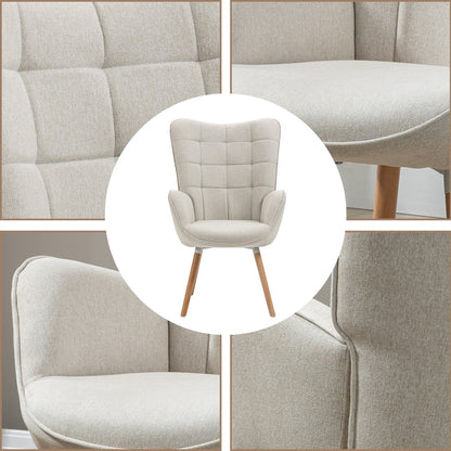 Fauteuil – Scandinavische Stoel – Relaxzetel – Armstoel – Leesstoel – Beige – Met Houten Poten – Hoog Zitcomfort – Breed Met Vleugelrugleuning
