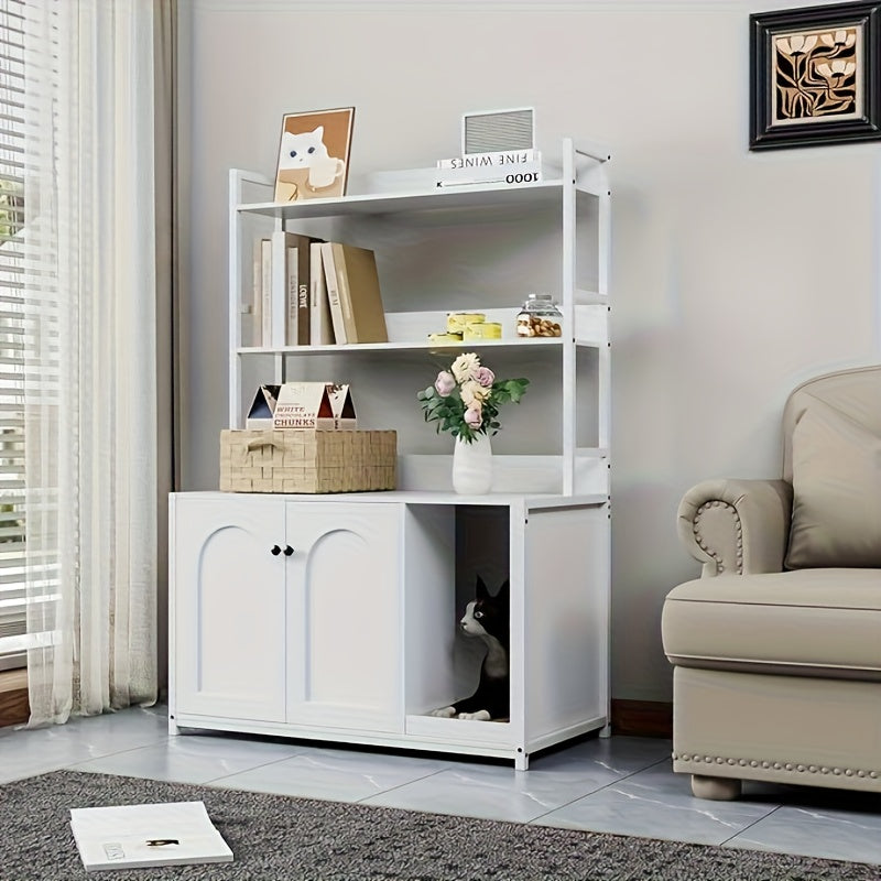 132.08cm Large Hidden Cat Litter Box Enclosure with 2 Doors - Wooden Cat House with Scratch Pad, Multi-Functional Storage Cabinet & Display Shelves, Space-Saving Indoor Cat Furniture for Climbing, Resting & Play, Modern Pet F