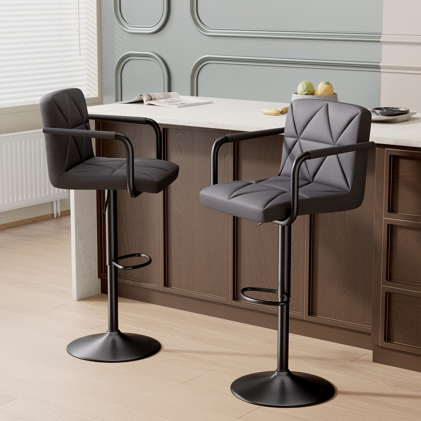 Barstoel – Barkruk – Barstoelkruk – Barstoelen – Barkrukken – Set Van 2 – Verstelbare Hoogte – 360° Draaibaar – Ergonomisch Met Traagschuim Rugleuning & Armsteun – Stevig Metalen Frame – Compact Ontwerp Voor Binnen