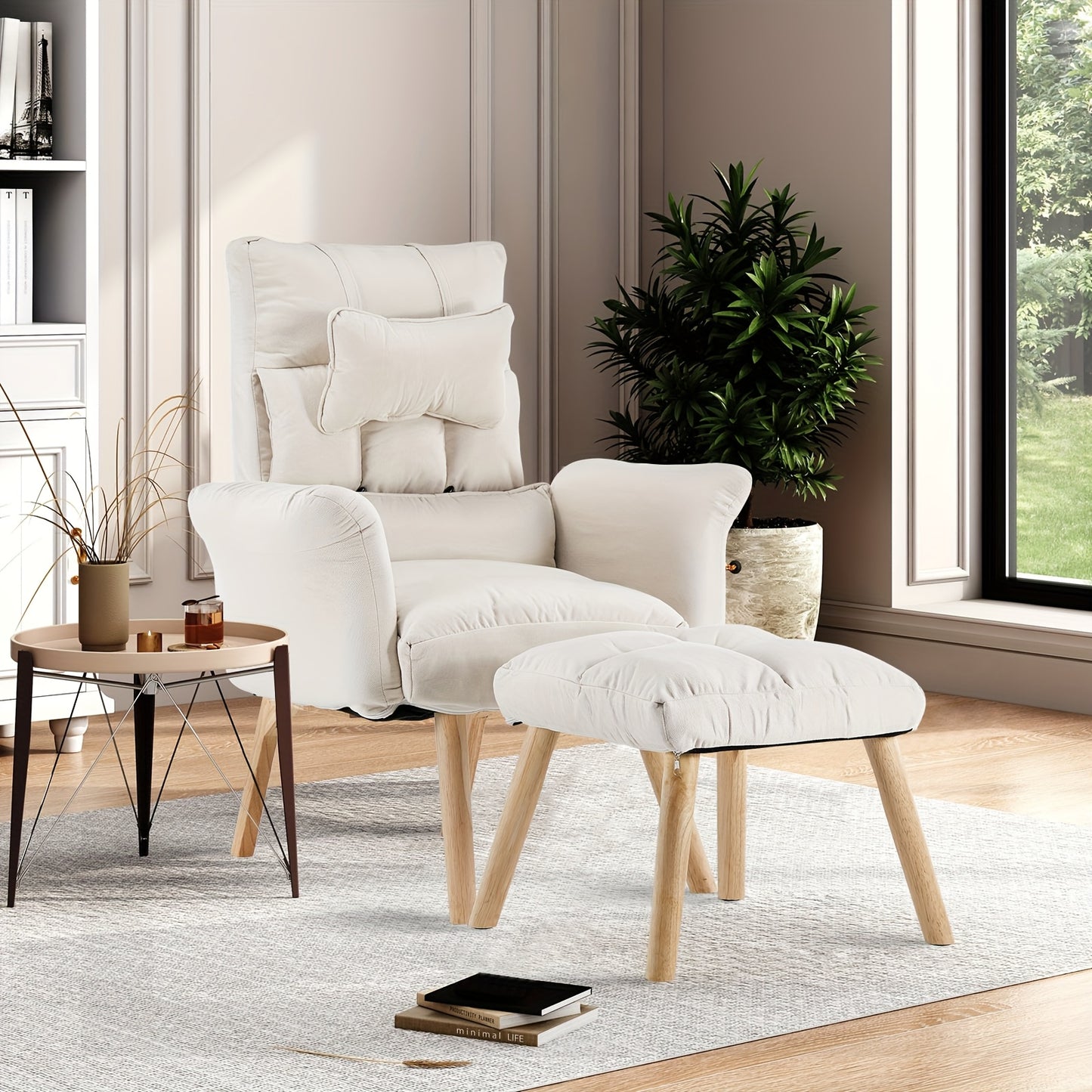 Relaxfauteuil – Verstelbare Stoel – Relaxstoel – Loungestoel – Fauteuil Met Voetenbank – 6-Stand Rugleuning – Linnen Bekleding Met Eiken Houten Frame