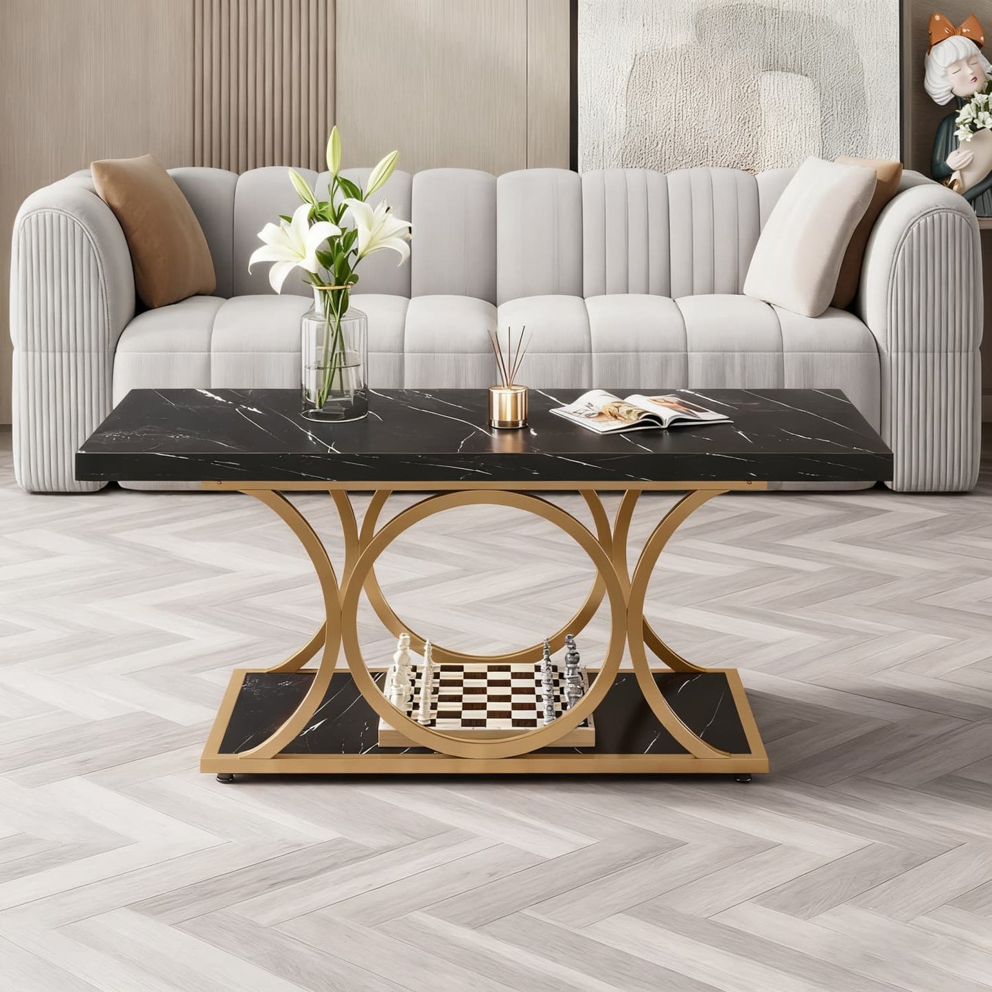 Salontafel – Koffietafel – Woonkamertafel – Bijzettafel – Tafel – Rechthoekig 120 cm – Zwart Faux Marmer Blad – Gouden Metalen Poten – 2 Niveaus Opbergruimte
