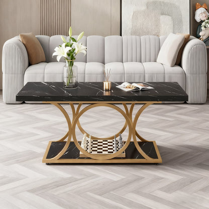 Salontafel – Koffietafel – Woonkamertafel – Bijzettafel – Tafel – Rechthoekig 120 cm – Zwart Faux Marmer Blad – Gouden Metalen Poten – 2 Niveaus Opbergruimte
