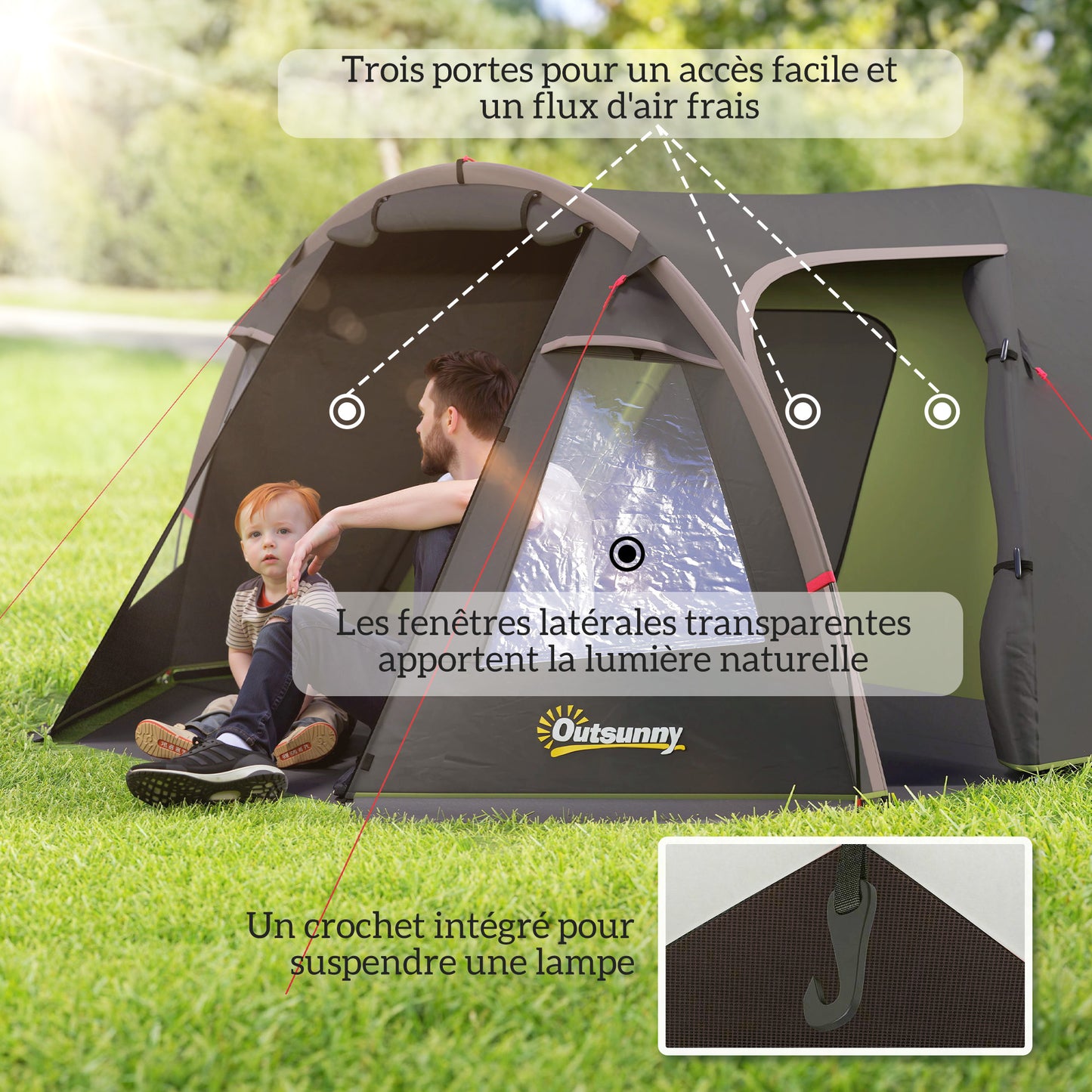 Familietent – Kampeertent – Buitentent – Tunneltent – Tent voor 4 Personen – Lichtgewicht Glasvezelframe – 3 Deuren en Ramen – Zwart – 360x250x130 cm