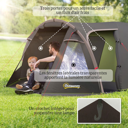 Familietent – Kampeertent – Buitentent – Tunneltent – Tent voor 4 Personen – Lichtgewicht Glasvezelframe – 3 Deuren en Ramen – Zwart – 360x250x130 cm