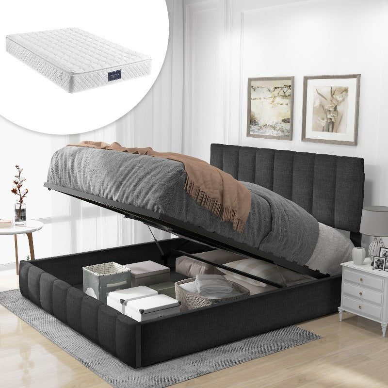 Bedframe – Tweepersoonsbed – Boxspring – Opbergbed – Slaapbank – Hydraulisch Verstelbaar Hoofdeinde – Metalen Frame – 140x200 cm – Grijze Linnen Bekleding – Opberglades – Eenvoudige Montage – Zonder Elektriciteit