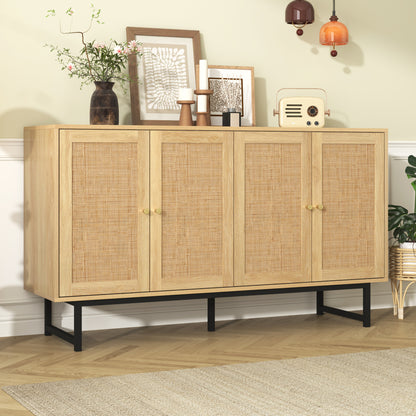 Sideboard, 140x39.5x80cm, featuring genuine rattan weave, four doors, ample storage space to meet your diverse needs, making it the ideal choice for your dining and living room furnishings.