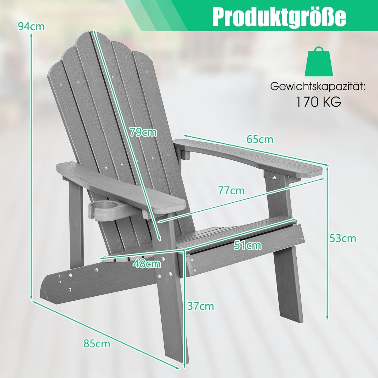 Adirondackstoel – Tuinstoel – Buitenstoel – Klapstoel – Terrasstoel – Weerbestendig HIPS Materiaal – Stevige 304 RVS Constructie – Brede Zitting Met Bekerhouder – Ergonomische Rugleuning 105° – Grijs Houtnerf Design