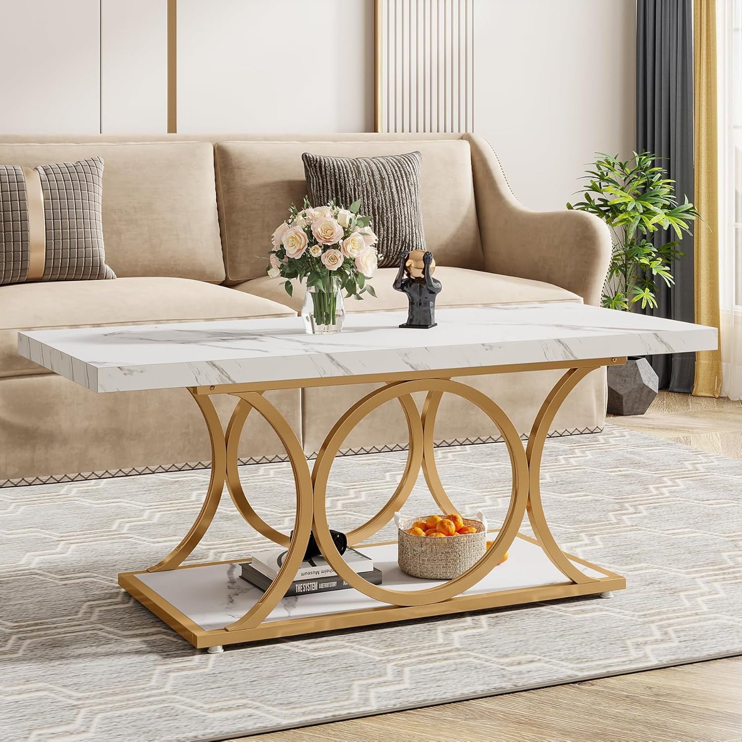 Salontafel – Koffietafel – Woonkamertafel – Tafel – Bijzettafel – Wit & Goud – 120 cm – 2-laags met Opbergruimte