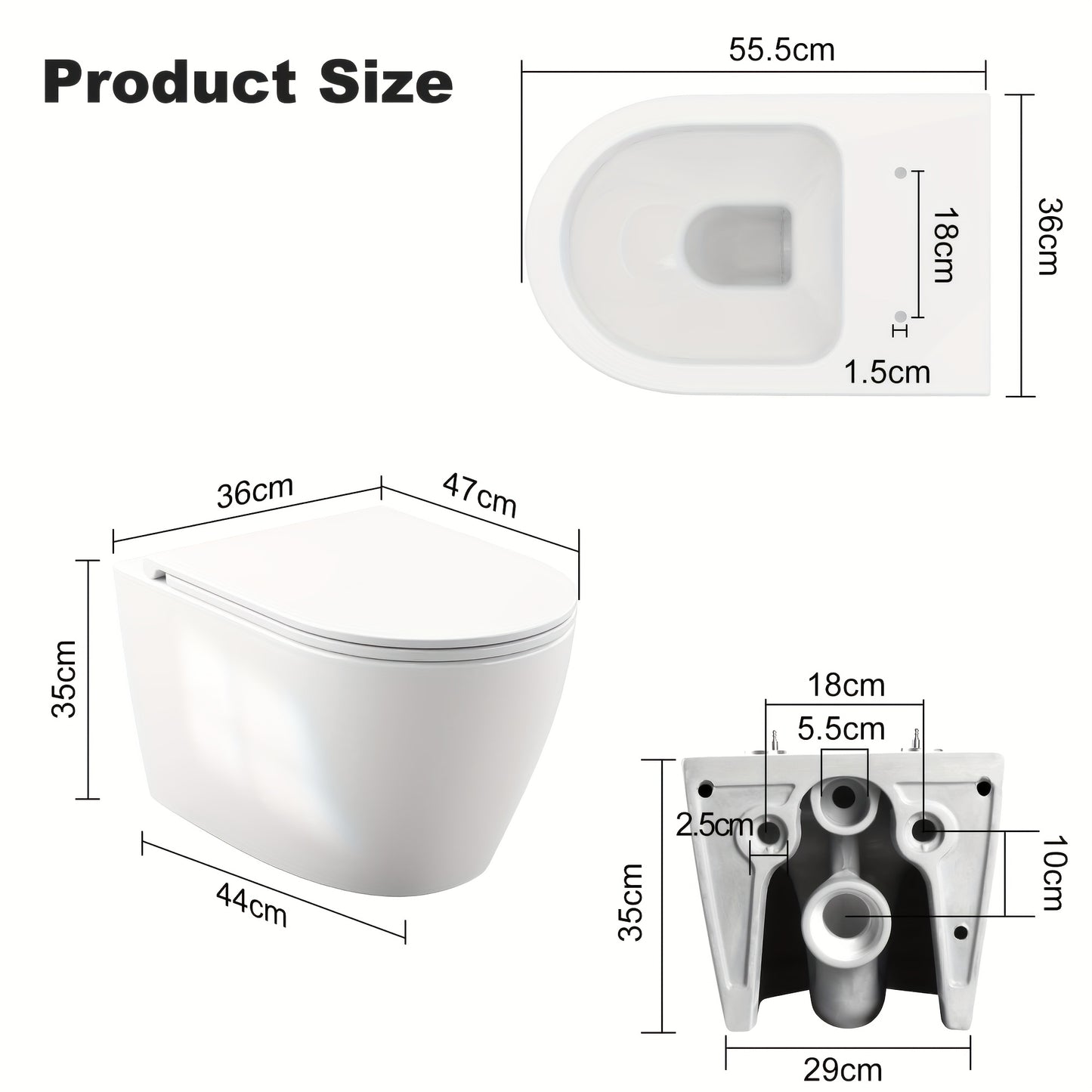 Toiletpot – Hangend – Wandcloset – WC Pot – Toiletset – Rimless Design – Softclose D-Vormige Zitting – Diepe Waskom 51 cm – Wit – Moderne Stijl Zonder Elektriciteit