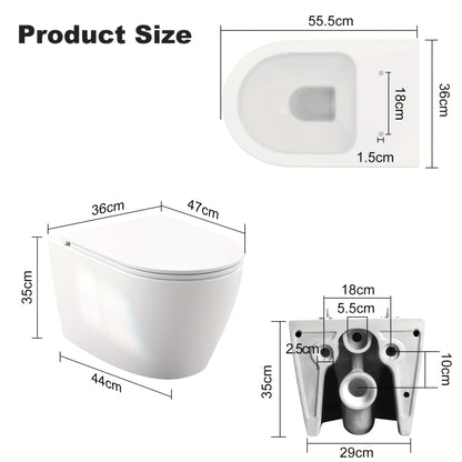 Modern Wall-Mounted Rimless Toilet Set with D-Shape Soft-Close Seat - Deep Flush Design, Space-Saving White Toilet for Guest Bathrooms, 51cm Length, Toilet Seat Soft Close, Soft Close Toilet Seat, Toilet Seat Hinge Replacemen