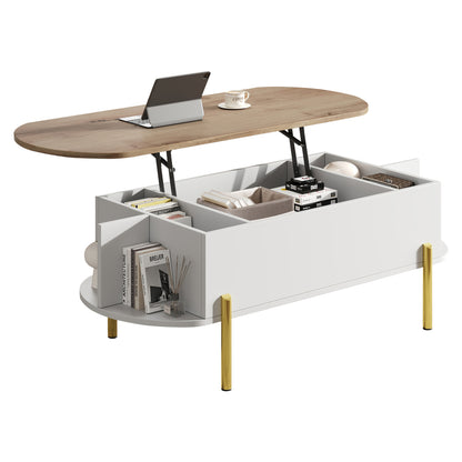 Salontafel – Koffietafel – Bijzettafel – Woonkamertafel – Verstelbare Tafel – Verstelbaar Hoogte – Uitbreidbaar Tafelblad – 7 Opbergrekken – Wit/Geel Metalen Frame
