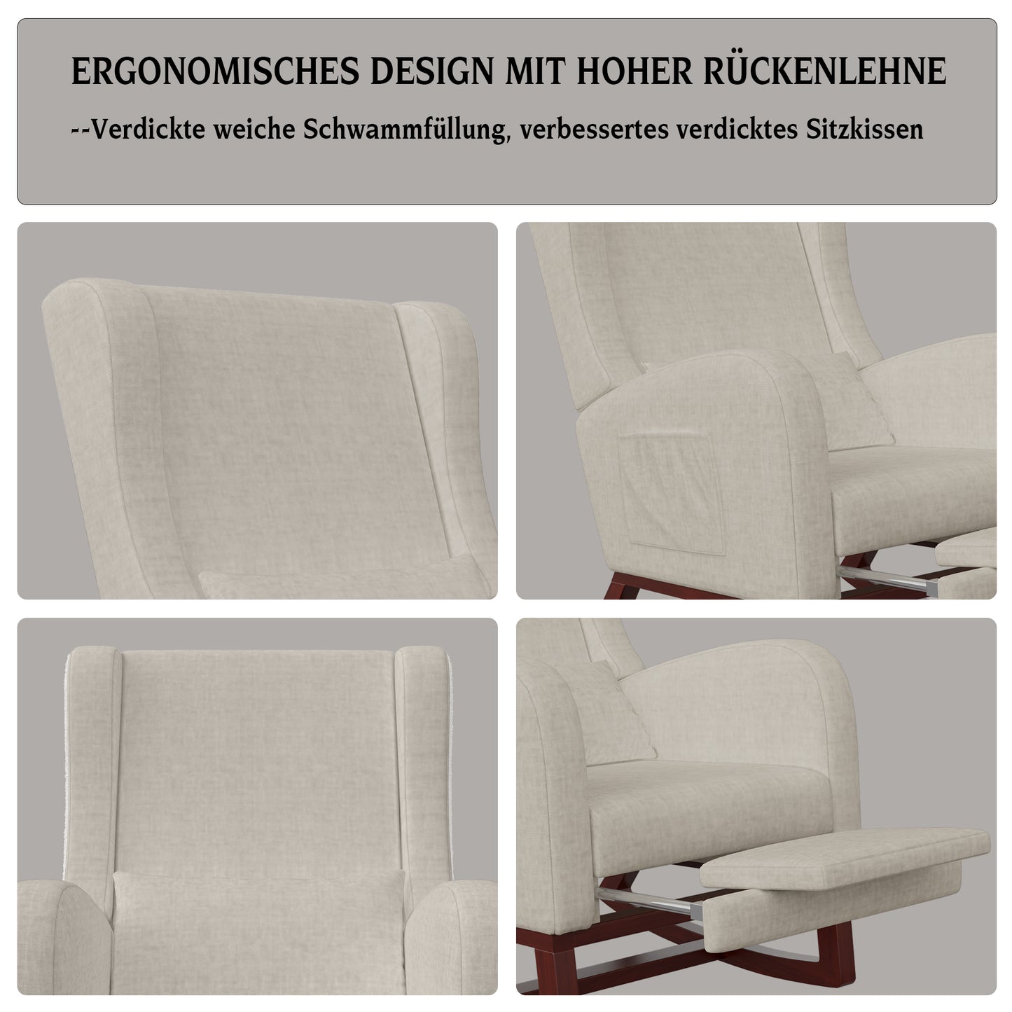 Schommelstoel met Voetenbank – Relaxstoel – Lounge Stoel – Leunstoel – Zitstoel – Massief Houten Onderstel – Zijvak Opbergruimte – Hoog Rugleuning