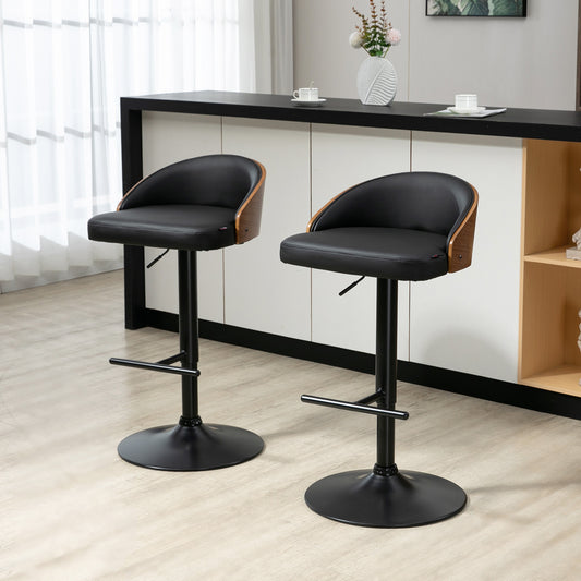 Barkrukken – Barstoelen – Keukenstoelen – Draaiende Krukken – Barkruk Sets – Verstelbare Hoogte 76-96 cm – Kunstleren Zitting & Houten Rugleuning – Zwart/Koffie