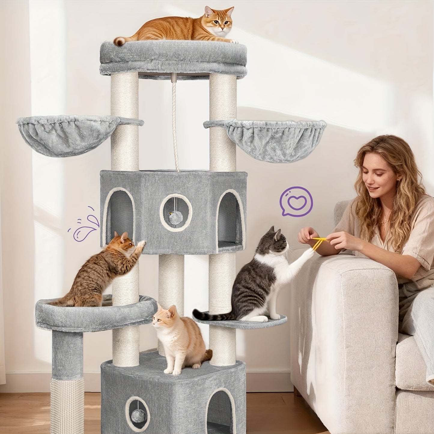 for large Cat Tree Tower for Indoor Cats - Multi-Level Cat Activity Center with Scratching Post, 3 Perches, 2 Caves, Lookout Deck & Pompom - Sturdy Cat House Furniture with Soft Cushioned Platforms, Dangling & Hanging Platfor - QUORE