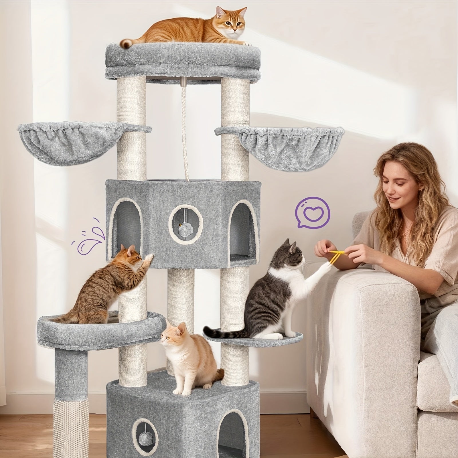for large Cat Tree Tower for Indoor Cats - Multi-Level Cat Activity Center with Scratching Post, 3 Perches, 2 Caves, Lookout Deck & Pompom - Sturdy Cat House Furniture with Soft Cushioned Platforms, Dangling & Hanging Platfor - QUORE