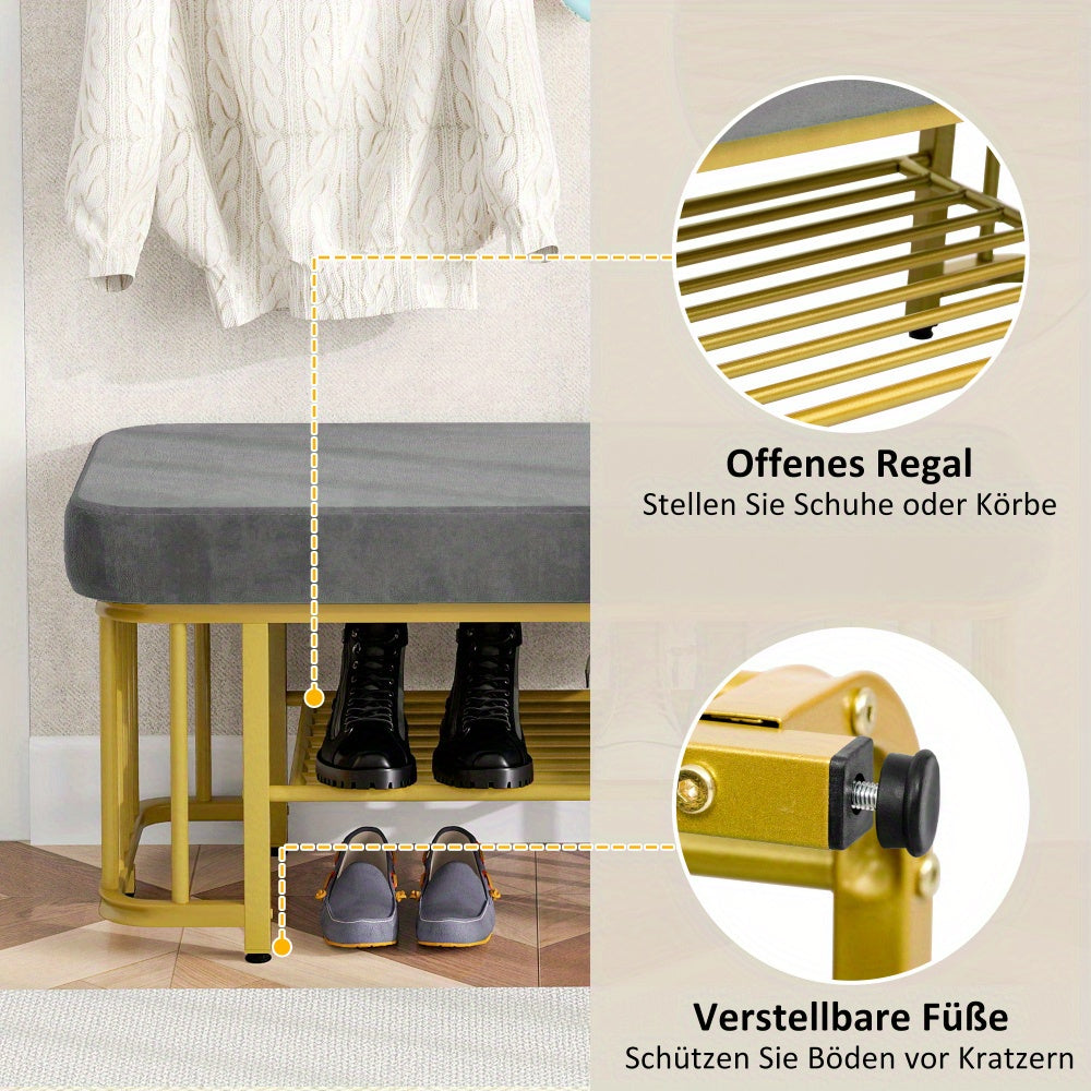 Schoenenbank – Schoenkruk – Schoenstoel – Halbank – Zitbank – Grijs-Goud – Stabiel Metalen Frame – Verstelbare Poten