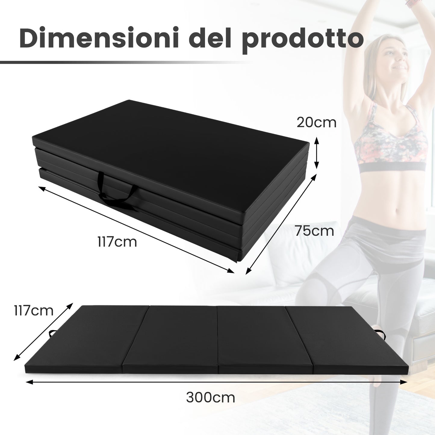 Opvouwbare Gymmat – Fitnessmat – Yogamat – Turnmat – Speelmat – Zwart – 300x117x5 cm – PU Leer Hoes & Draaghandvat