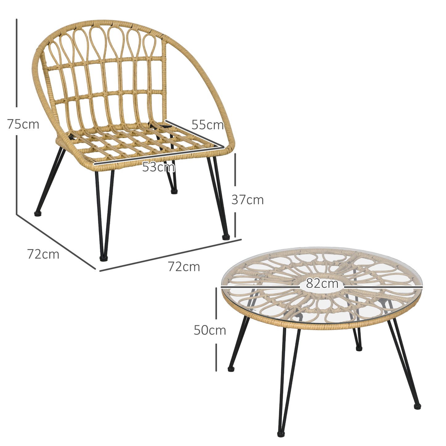 Tuinset – Tuinmeubelen – Zithoek – Bistroset – Loungeset – Ronde Tafel Ø82 cm – Weerbestendig PE Rattan Met Kussens