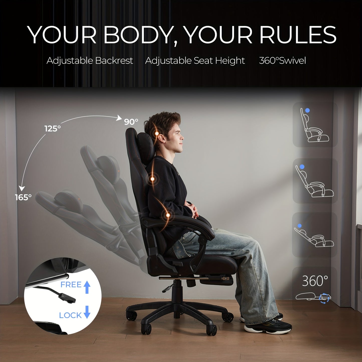 Gamingstoel – Bureaustoel – Racestoel – Computerstoel – Office Chair – Ergonomisch Zwart – Verstelbare Voetensteun – 200 kg Draagvermogen