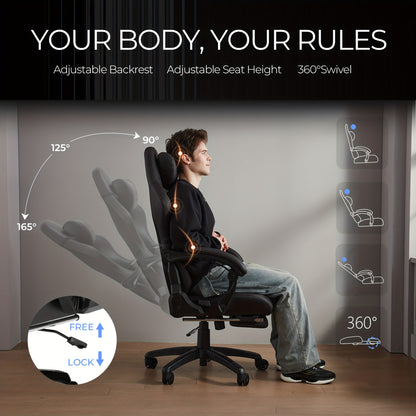 Gamingstoel – Bureaustoel – Racestoel – Computerstoel – Office Chair – Ergonomisch Zwart – Verstelbare Voetensteun – 200 kg Draagvermogen