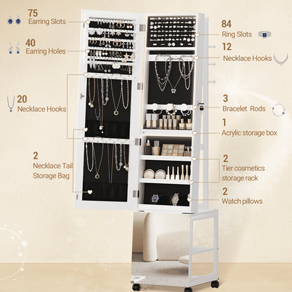 Sieradencabinet – Sieradendoos – Sieradenkast – Make-up Organizer – Opbergmeubel – Met Led-lichtbalken – Volledige Spiegel – Wit Zwart – Vergrendelbaar Met Wieltjes – Hoogwaardige MDF Uitvoering