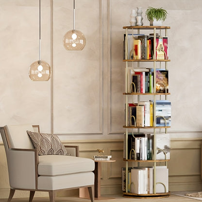 Draaibare Boekenplank – Ronde Boekenkast – Boekenrek – 360 Graden Draaisysteem – Opbergrek – 5 Vakken – Compact Design – Hout-Metalen Constructie – Bruin