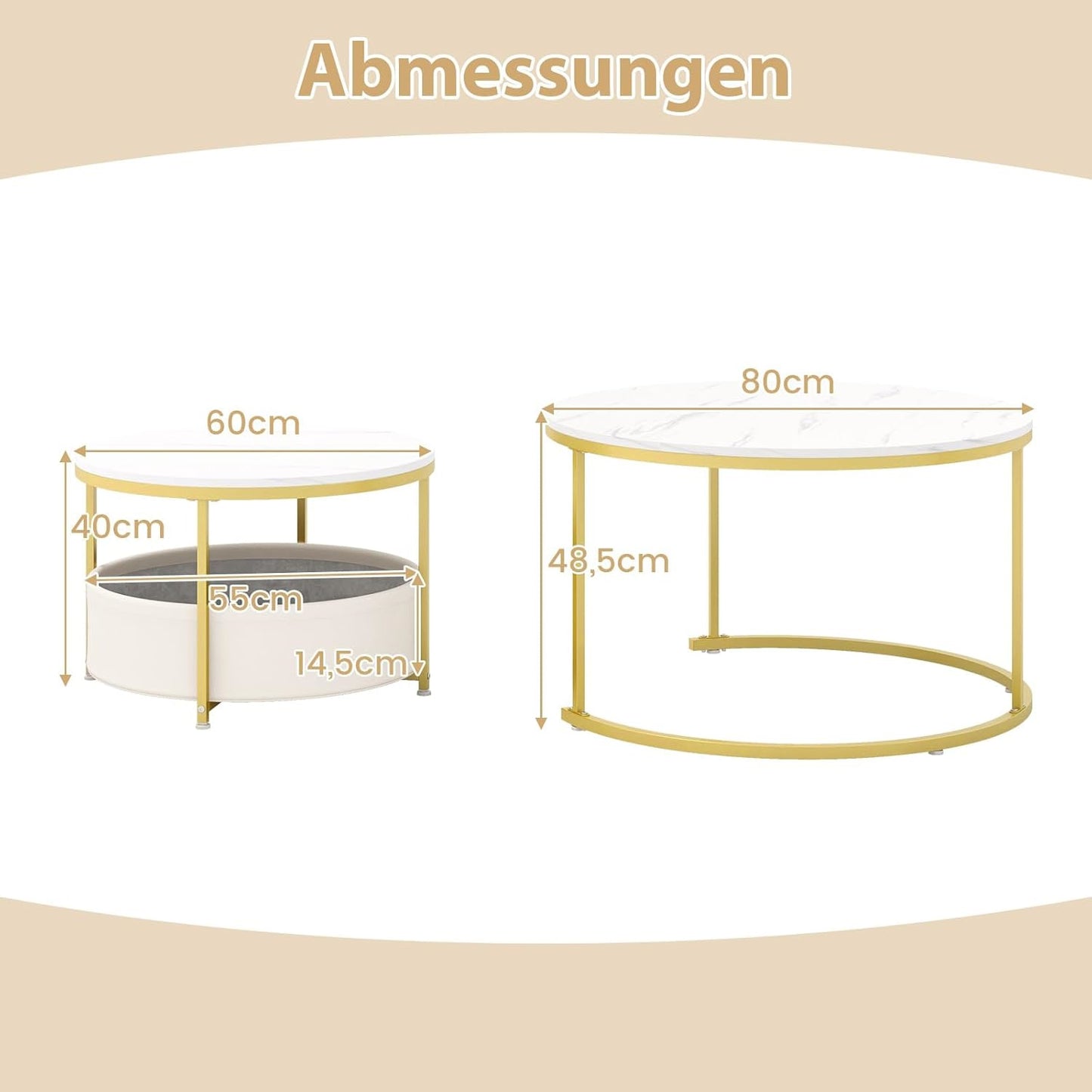 Set van 2 Ronde Bijzettafels – Koffietafel – Salontafel – Nachttafel – Werktafel – Nestbaar Design – Marmerlook Met Stoffen Opbergmand – Wit