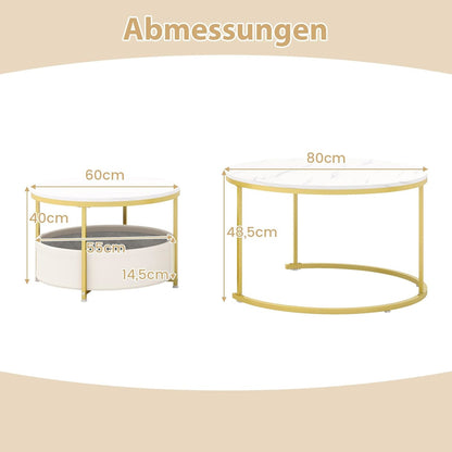 Set van 2 Ronde Bijzettafels – Koffietafel – Salontafel – Nachttafel – Werktafel – Nestbaar Design – Marmerlook Met Stoffen Opbergmand – Wit