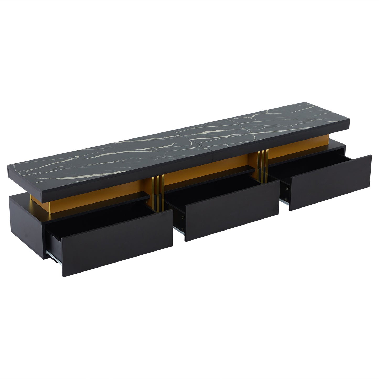 Woonkamerset – TV Meubel – Salontafel – Lowboard – Opbergmeubel – Zwart-Wit Marmerlook – Gouden Accenten – Hoogglans Afwerking – Geschikt voor TV tot 90 Inch