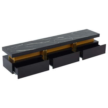 Woonkamerset – TV Meubel – Salontafel – Lowboard – Opbergmeubel – Zwart-Wit Marmerlook – Gouden Accenten – Hoogglans Afwerking – Geschikt voor TV tot 90 Inch