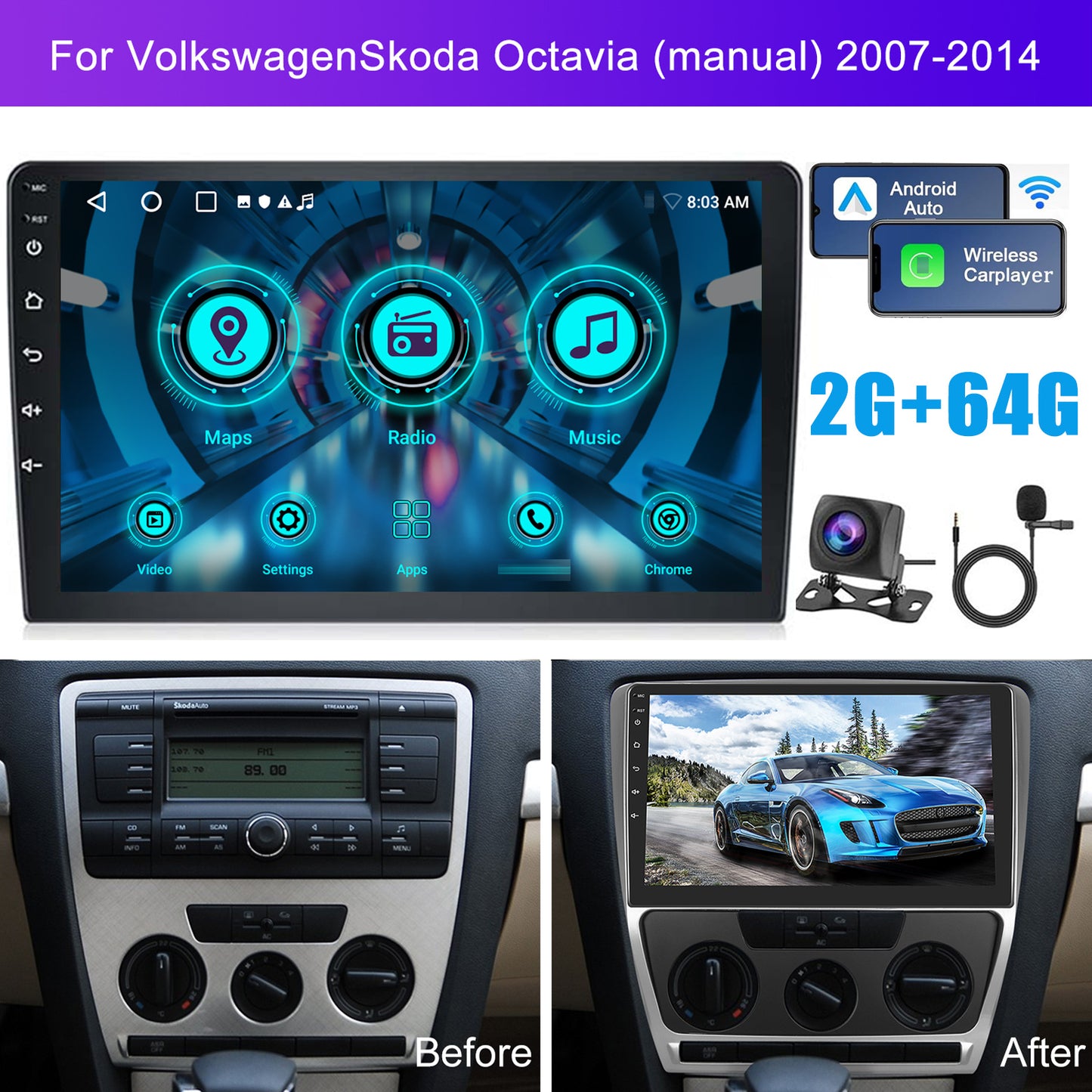 Autorradio – Autoradio – Multimedia Speler – Navigatiesysteem – Touchscreen Unit – 9 Inch 2-DIN – Android 13 Systeem – Draadloze CarPlay & Android Auto – GPS Navigatie & Achteruitrijcamera Met Microfoon